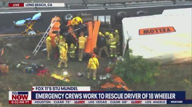 Driver of 18-wheeler trapped in truck after crash in Long Beach, California